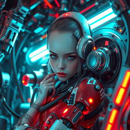 a girl with a robotic aesthetic, elegantly entangled in futuristic mechanisms