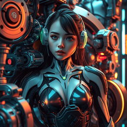 a girl with a robotic aesthetic, elegantly entangled in futuristic mechanisms