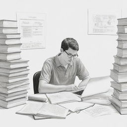 Illustrate a simple, yet detailed, drawing of a diligent student deep in study, surrounded by books, note papers, and a laptop.