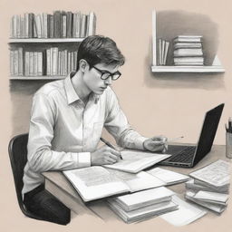 Illustrate a simple, yet detailed, drawing of a diligent student deep in study, surrounded by books, note papers, and a laptop.