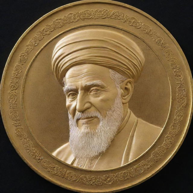 A gold coin featuring the engraving of Ayatollah Khomeini's portrait with intricate details