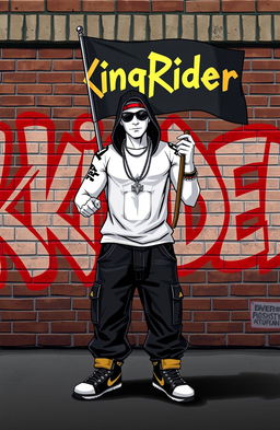 A hip-hop themed character styled like a Grand Theft Auto game character, with white skin, holding a flag that reads 'KingRider'