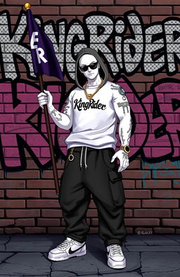 A hip-hop themed character styled like a Grand Theft Auto game character, with white skin, holding a flag that reads 'KingRider'