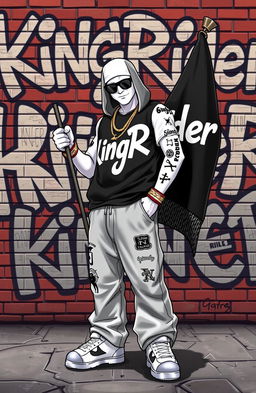 A hip-hop themed character styled like a Grand Theft Auto game character, with white skin, holding a flag that reads 'KingRider'