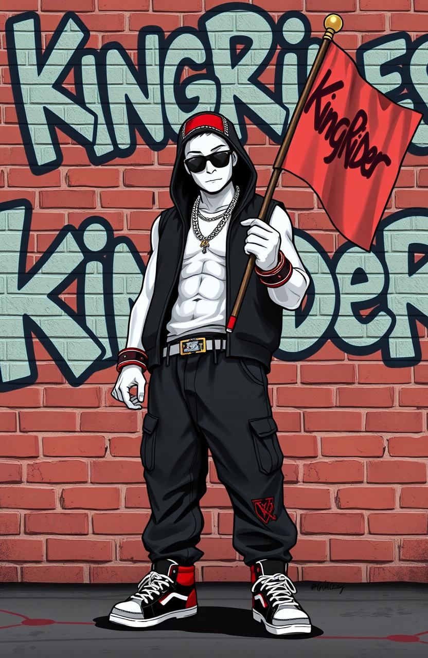 A hip-hop themed character styled like a Grand Theft Auto game character, with white skin, holding a flag that reads 'KingRider'