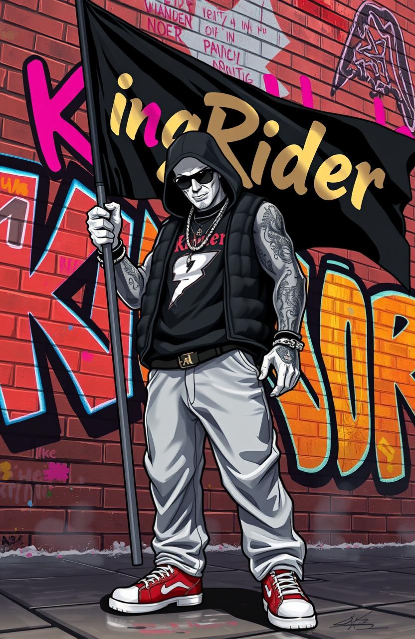 A hip hop-themed artwork featuring a gangster character styled like a Grand Theft Auto video game character