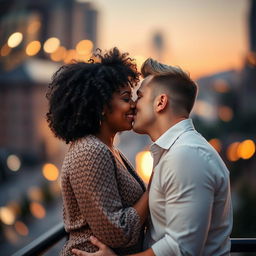 A beautiful scene capturing a tender moment between a Black woman and a white man sharing a loving kiss