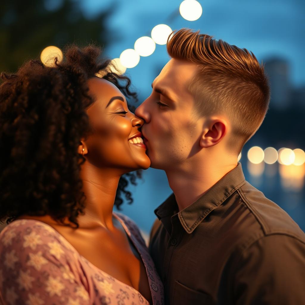 A beautiful scene capturing a tender moment between a Black woman and a white man sharing a loving kiss