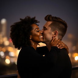 A beautiful scene capturing a tender moment between a Black woman and a white man sharing a loving kiss