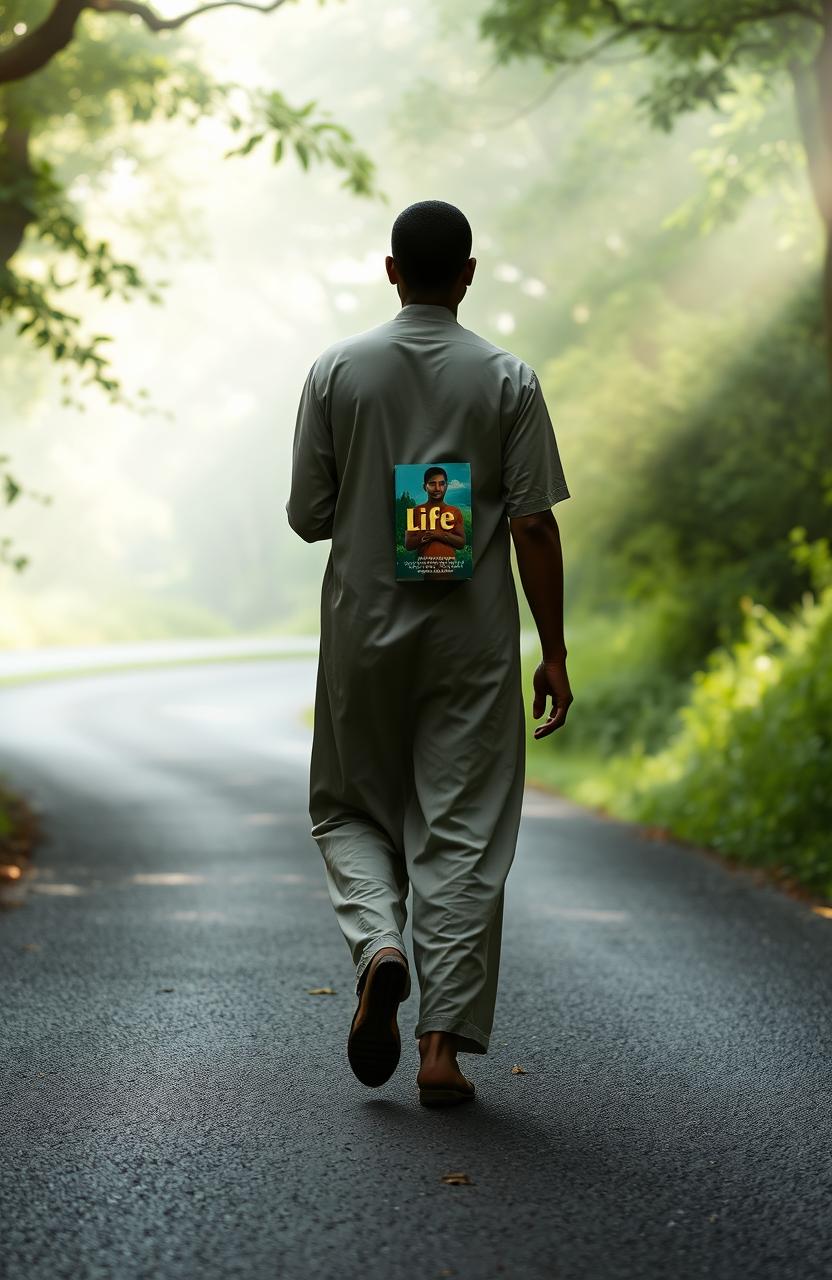 A serene and contemplative scene depicting an individual walking down a winding road