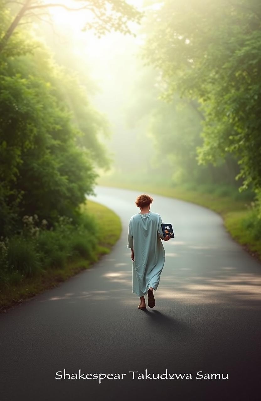 A serene and contemplative scene depicting an individual walking down a winding road