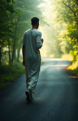 A serene and contemplative scene depicting an individual walking down a winding road