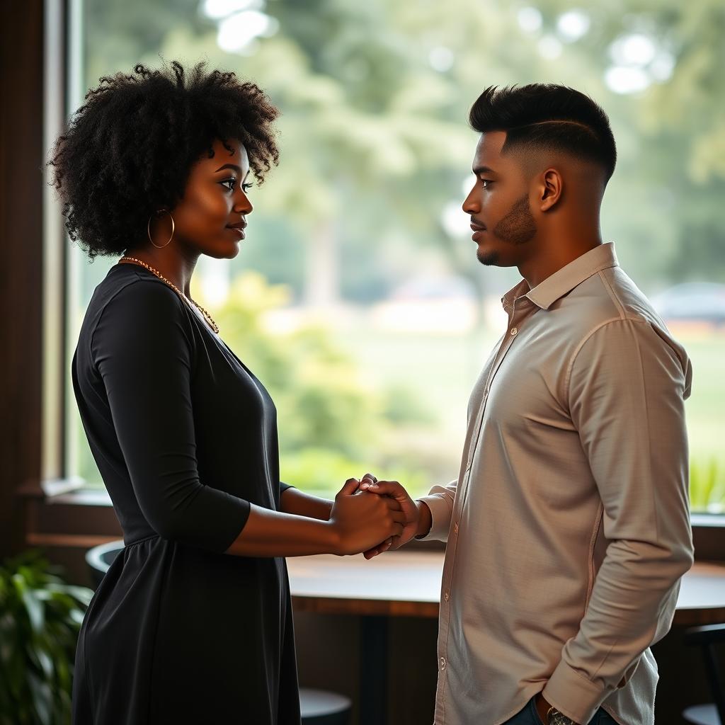 A beautiful scene capturing a dignified moment between a Black woman and a white man holding hands