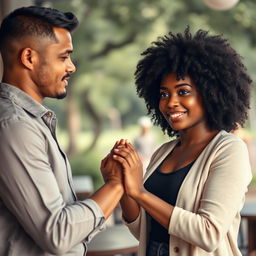 A beautiful scene capturing a dignified moment between a Black woman and a white man holding hands