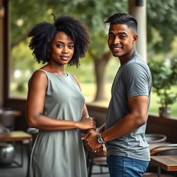 A beautiful scene capturing a dignified moment between a Black woman and a white man holding hands