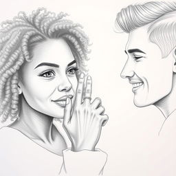 A pencil drawing depicting a Black woman holding a white man's hand in a serene and intimate setting