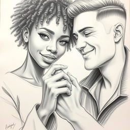 A pencil drawing depicting a Black woman holding a white man's hand in a serene and intimate setting