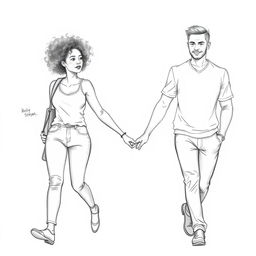 A pencil drawing depicting a Black woman and a white man walking hand in hand, showcasing their strong connection