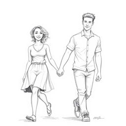 A pencil drawing depicting a Black woman and a white man walking hand in hand, showcasing their strong connection