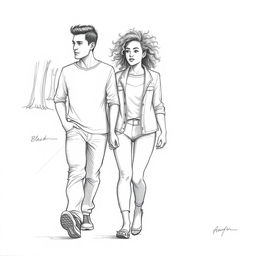 A pencil drawing depicting a Black woman and a white man walking hand in hand, showcasing their strong connection