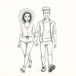 A pencil drawing depicting a Black woman and a white man walking hand in hand, showcasing their strong connection