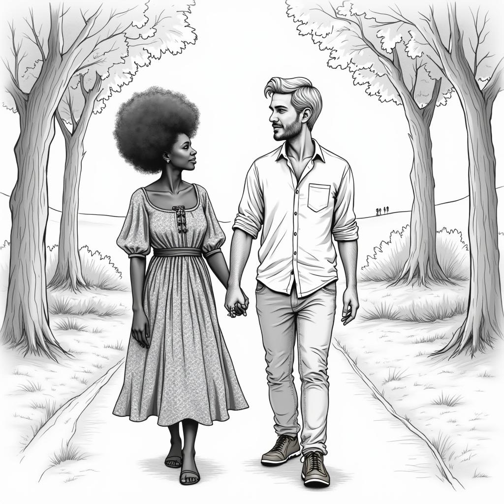 Kenyan woman and Swedish man walking hand in hand, beautifully illustrated in a detailed pencil drawing style