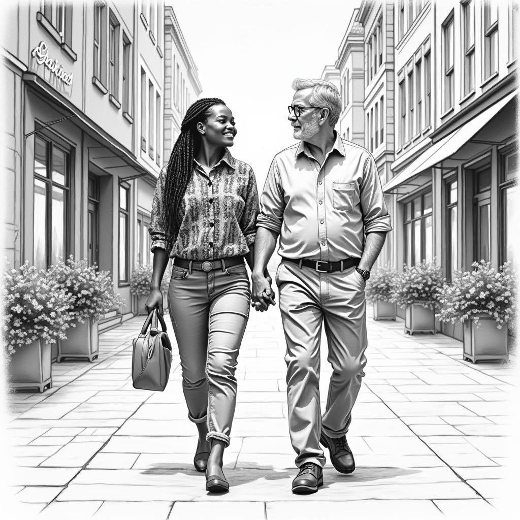 Kenyan woman with beautifully braided hair and a 50-year-old Swedish man walking hand in hand, captured in a detailed pencil drawing style