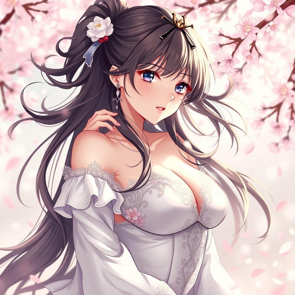 a beautiful anime girl, embracing her sensuality, in a tastefully artistic pose, emphasizing her elegant curves and ethereal beauty, with flowing hair and a confident expression, set in a fantasy themed world with delicate cherry blossom petals gently falling around her