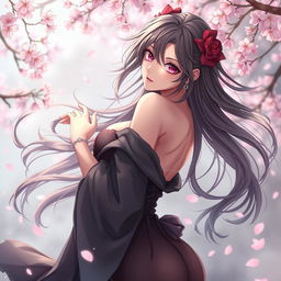 a beautiful anime girl, embracing her sensuality, in a tastefully artistic pose, emphasizing her elegant curves and ethereal beauty, with flowing hair and a confident expression, set in a fantasy themed world with delicate cherry blossom petals gently falling around her