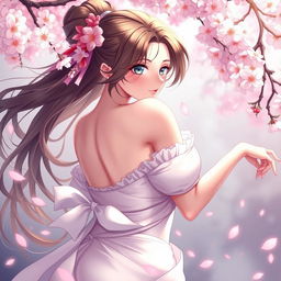 a beautiful anime girl, embracing her sensuality, in a tastefully artistic pose, emphasizing her elegant curves and ethereal beauty, with flowing hair and a confident expression, set in a fantasy themed world with delicate cherry blossom petals gently falling around her