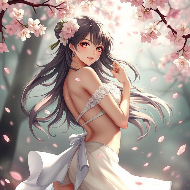 a beautiful anime girl, embracing her sensuality, in a tastefully artistic pose, emphasizing her elegant curves and ethereal beauty, with flowing hair and a confident expression, set in a fantasy themed world with delicate cherry blossom petals gently falling around her