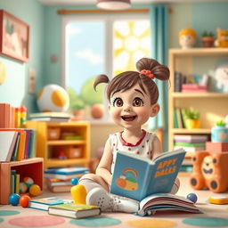 a playful and mischievous little girl full of curiosity, surrounded by books and toys, set in a bright, colorful room with cartoonish decor, featuring a cheerful atmosphere and a sunny window view