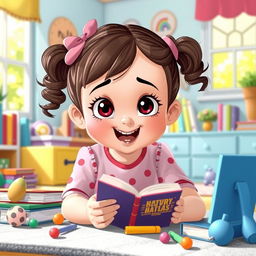 a playful and mischievous little girl full of curiosity, surrounded by books and toys, set in a bright, colorful room with cartoonish decor, featuring a cheerful atmosphere and a sunny window view