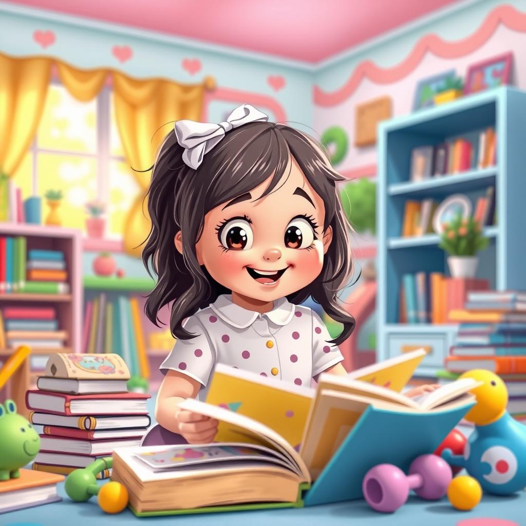 a playful and mischievous little girl full of curiosity, surrounded by books and toys, set in a bright, colorful room with cartoonish decor, featuring a cheerful atmosphere and a sunny window view