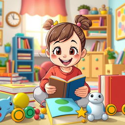 a playful and mischievous little girl full of curiosity, surrounded by books and toys, set in a bright, colorful room with cartoonish decor, featuring a cheerful atmosphere and a sunny window view