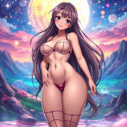 A sexy anime girl with voluptuous curves, standing confidently while suggesting an alluring pose