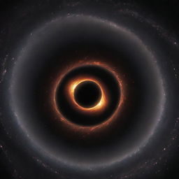 Depiction of the mysterious interior of a black hole, glittering with exotic matter and bending light around its intense gravity.