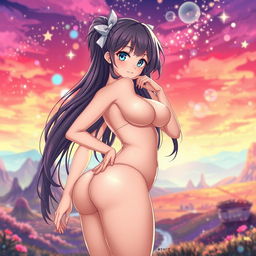 A sexy anime girl with voluptuous curves, standing confidently while suggesting an alluring pose