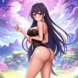 A sexy anime girl with voluptuous curves, standing confidently while suggesting an alluring pose