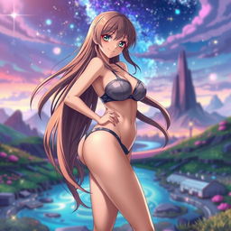 A sexy anime girl with voluptuous curves, standing confidently while suggesting an alluring pose