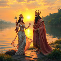 A romantic scene depicting Goddess Ganga and King Santanu standing together by the riverside at sunset