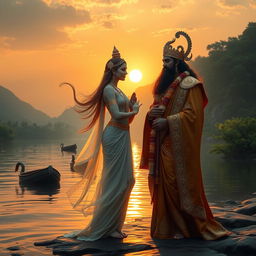 A romantic scene depicting Goddess Ganga and King Santanu standing together by the riverside at sunset