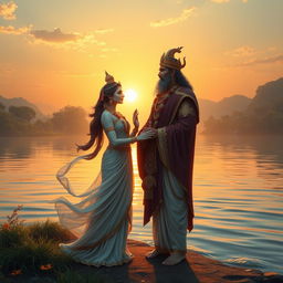 A romantic scene depicting Goddess Ganga and King Santanu standing together by the riverside at sunset