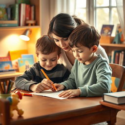 A heartwarming scene of a mother teaching her son to write at home