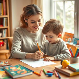 A heartwarming scene of a mother teaching her son to write at home