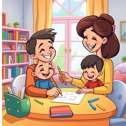 A colorful cartoon illustration of a mother teaching her son to write at home