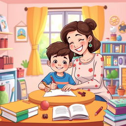 A colorful cartoon illustration of a mother teaching her son to write at home