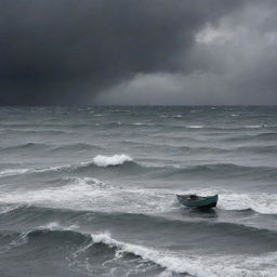 An abstract representation of depression as a stormy sea under a grey, cloudy sky, with one small, solitary boat struggling against the waves.