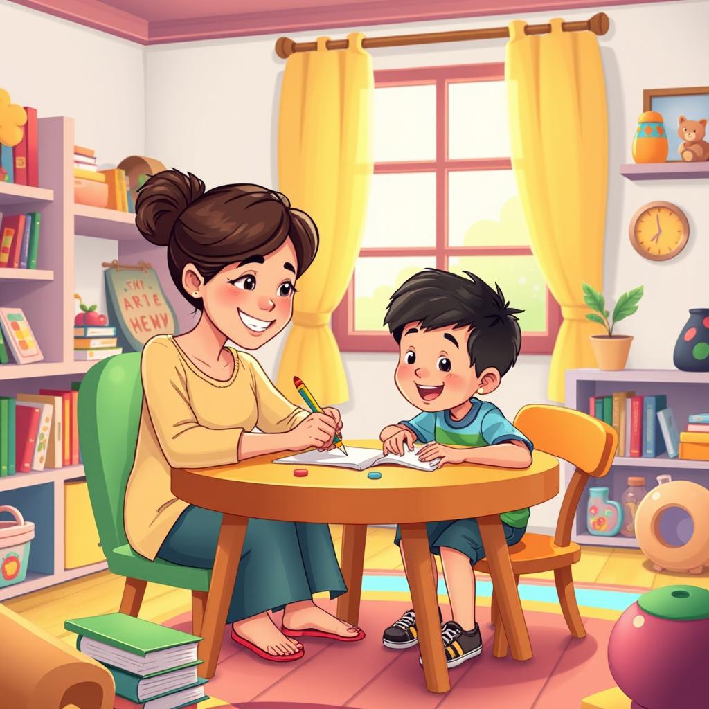 A colorful cartoon illustration of a mother teaching her son to write at home