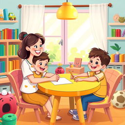 A colorful cartoon illustration of a mother teaching her son to write at home